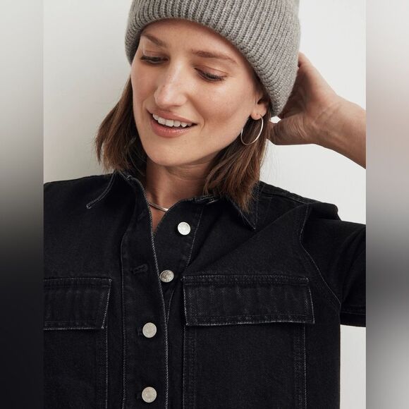 NWT Madewell Long Sleeve Denim Popover Mini Shirtdress in Clean Black Wash - Picture 5 of 10